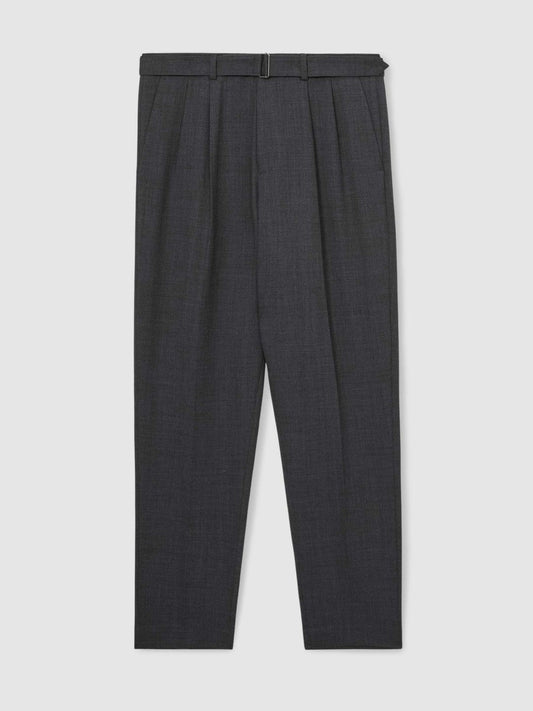 Wool-Blend Belted Pleated Trousers Regular-Fit Charcoal Grey | Mens
