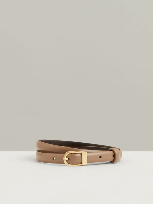 Leather Curved-Buckle Skinny Belt Taupe | Womens