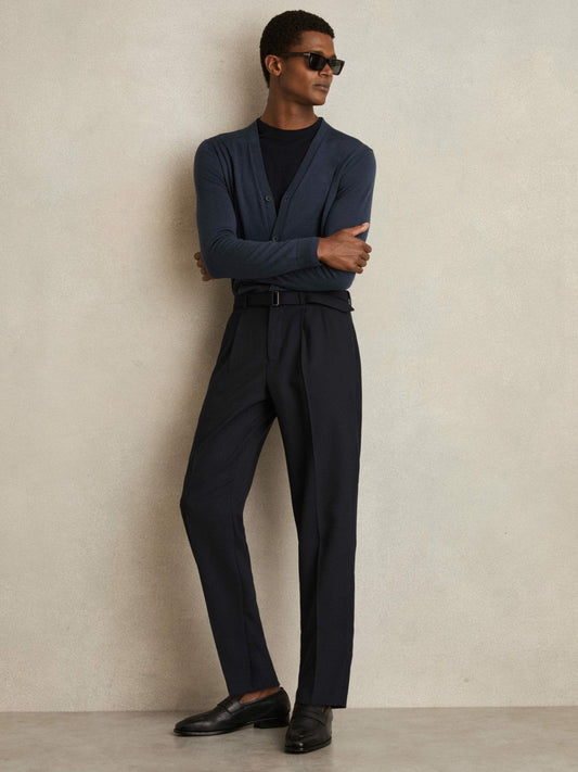 Wool-Blend Belted Pleated Trousers Regular-Fit Navy | Mens