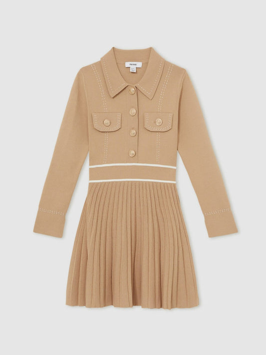 13-14 yrs Button-Detail Stripe Knitted Dress Camel | Children