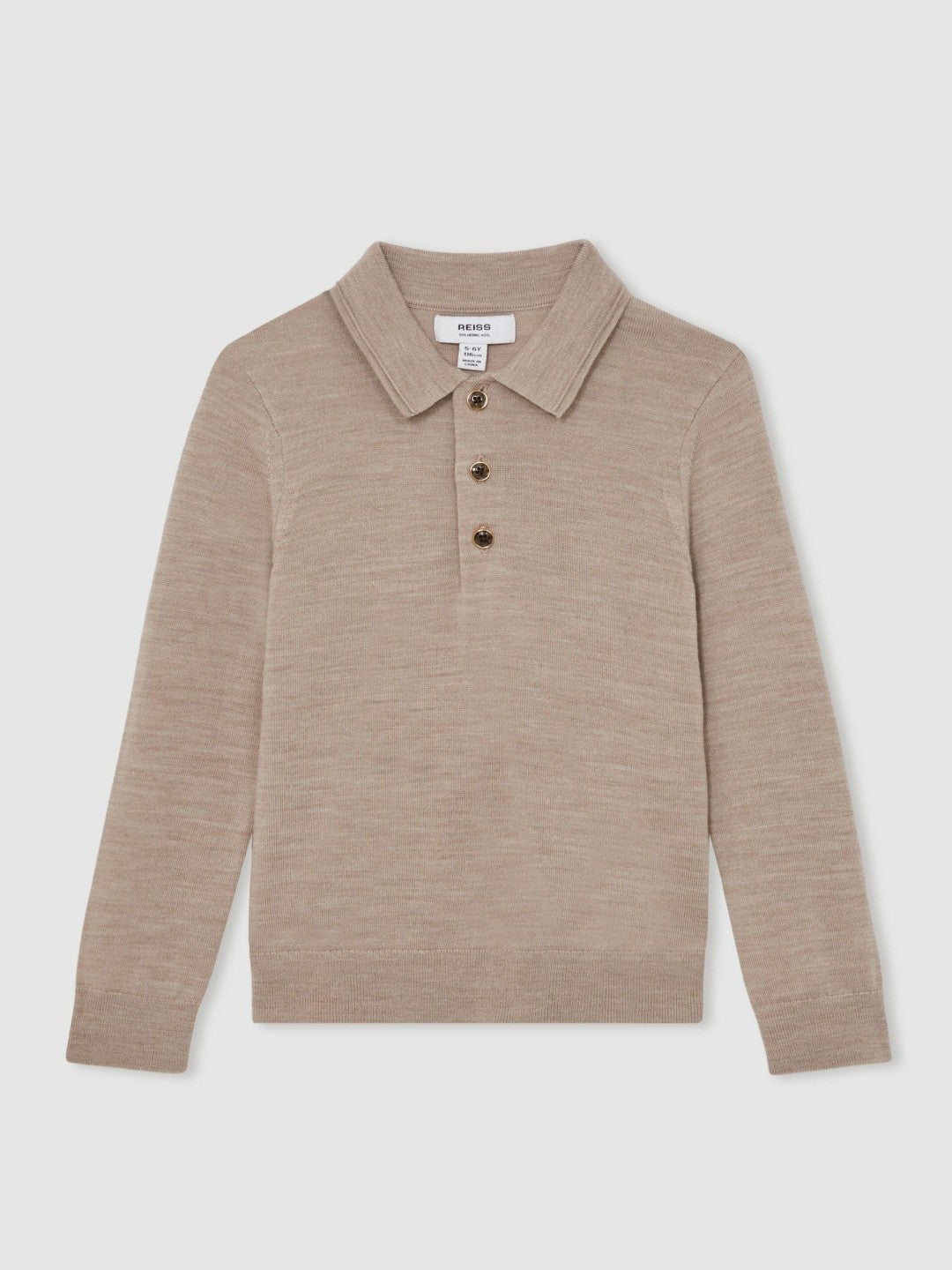13-14 yrs Merino Wool Long-Sleeve Polo Shirt Wheat Melange | Children