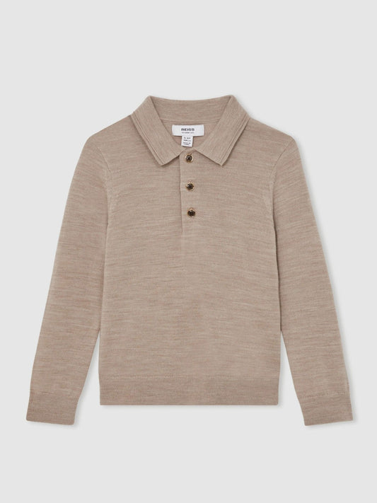 13-14 yrs Merino Wool Long-Sleeve Polo Shirt Wheat Melange | Children