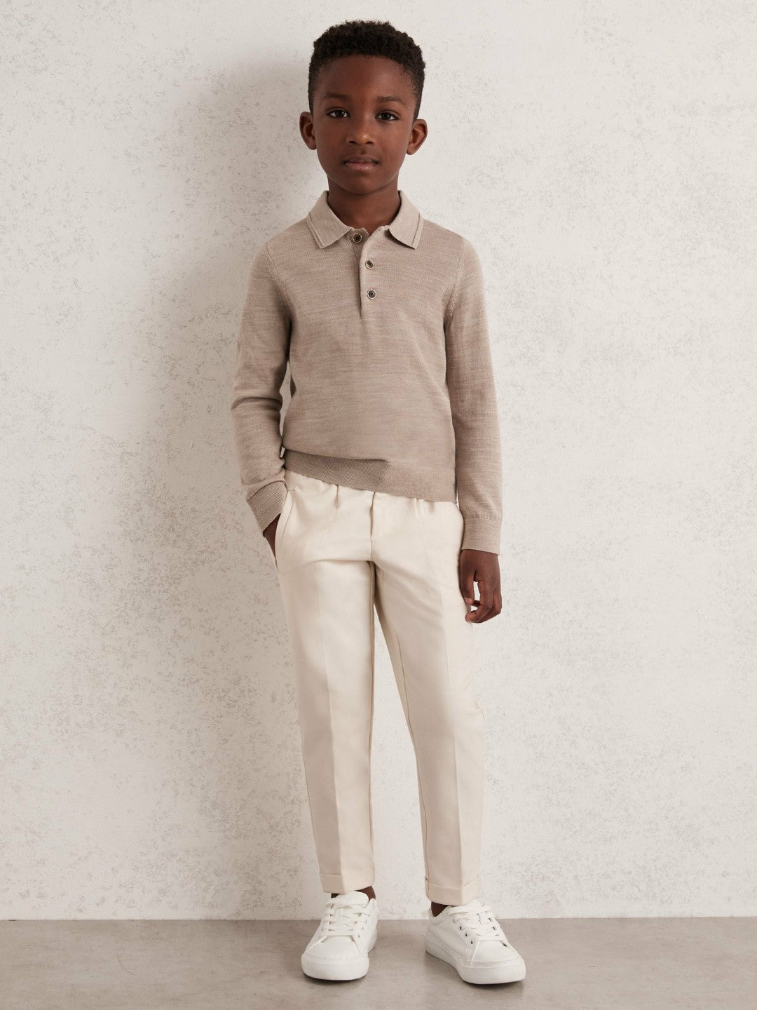 13-14 yrs Merino Wool Long-Sleeve Polo Shirt Wheat Melange | Children