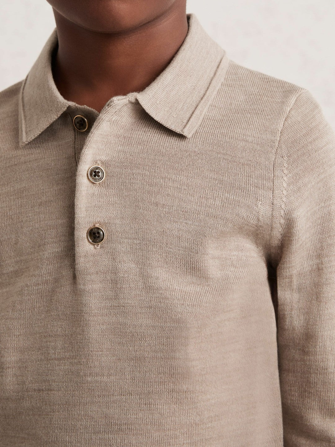 13-14 yrs Merino Wool Long-Sleeve Polo Shirt Wheat Melange | Children