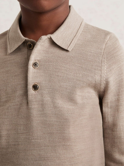13-14 yrs Merino Wool Long-Sleeve Polo Shirt Wheat Melange | Children
