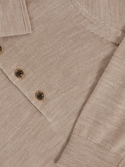 13-14 yrs Merino Wool Long-Sleeve Polo Shirt Wheat Melange | Children