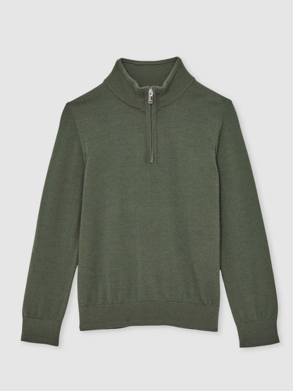 13-14 yrs Merino Wool Half-Zip Funnel Neck Jumper Kale Green | Children
