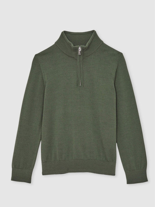 13-14 yrs Merino Wool Half-Zip Funnel Neck Jumper Kale Green | Children
