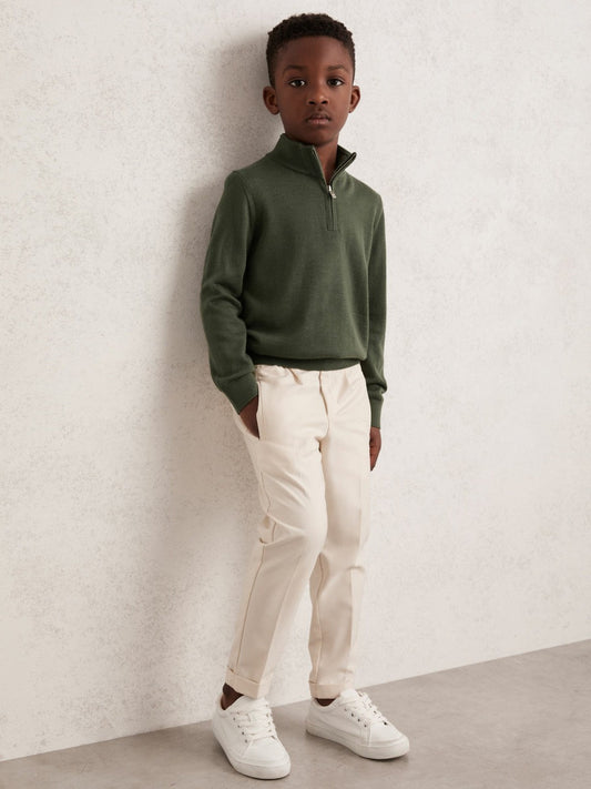 13-14 yrs Merino Wool Half-Zip Funnel Neck Jumper Kale Green | Children