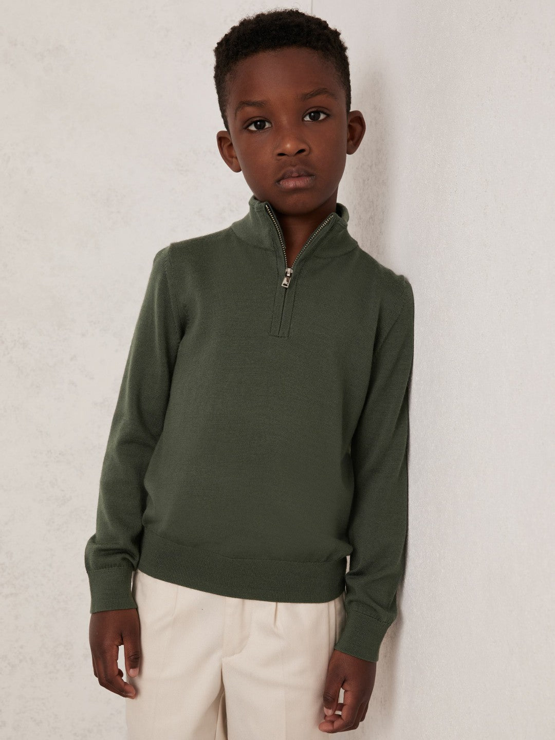 13-14 yrs Merino Wool Half-Zip Funnel Neck Jumper Kale Green | Children