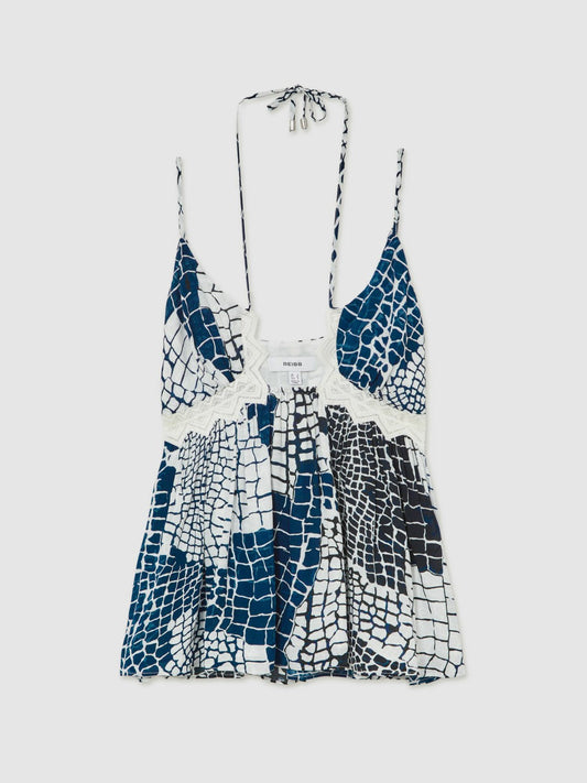 Animal Print Lace Trim Cami Top Blue | Womens