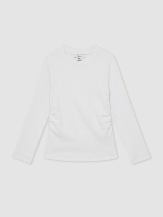 13-14 yrs Cotton Ruched Long-Sleeve T-Shirt with Stretch Ivory | Children