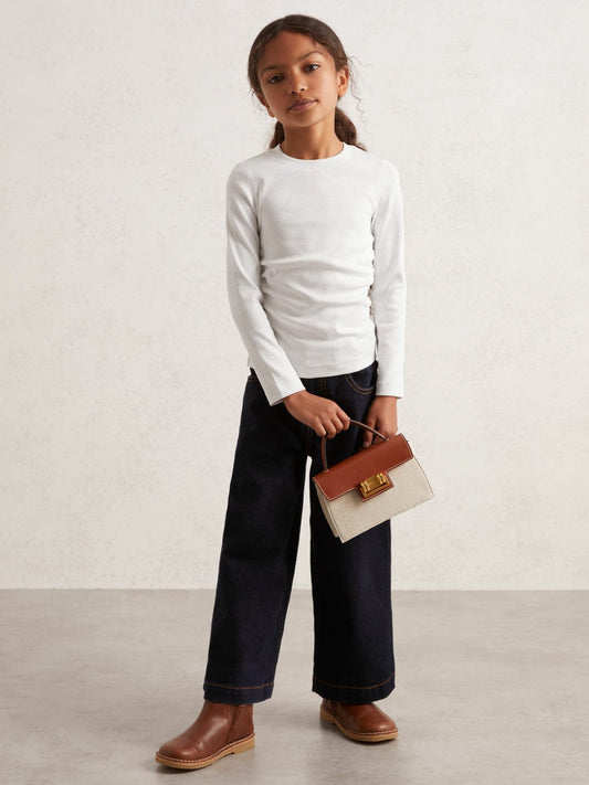 13-14 yrs Cotton Ruched Long-Sleeve T-Shirt with Stretch Ivory | Children