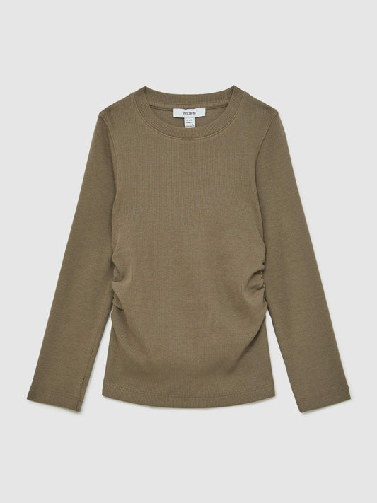 13-14 yrs Cotton Ruched Long-Sleeve T-Shirt with Stretch Khaki | Children