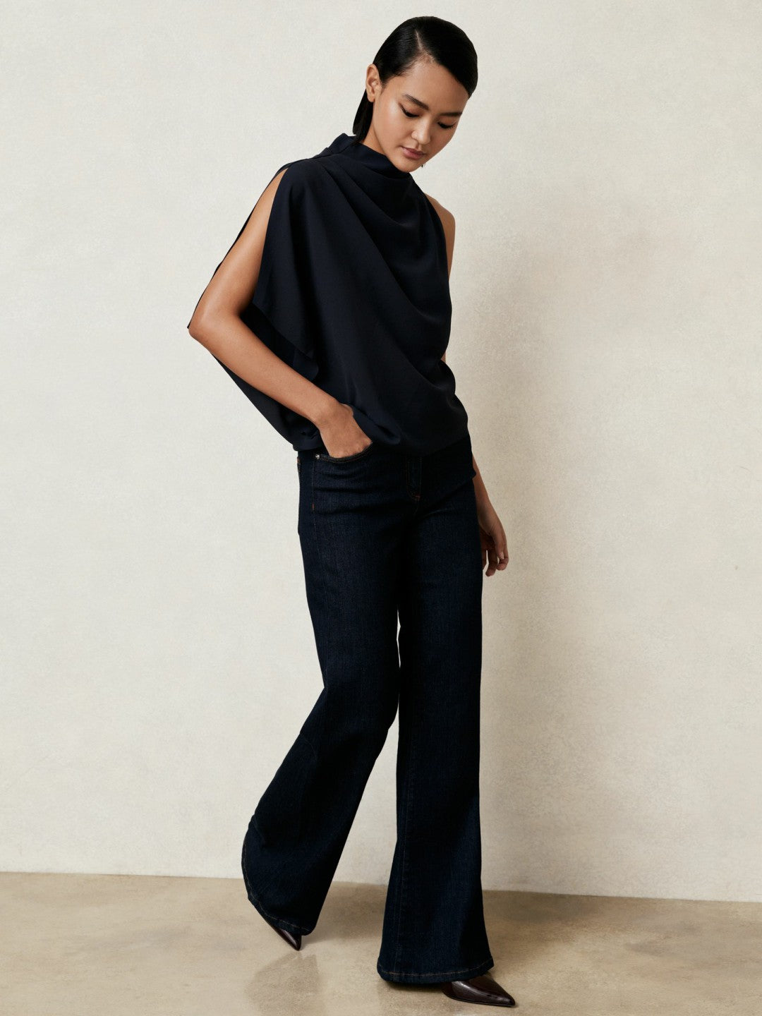 One-Shoulder Draped Top Navy | Womens