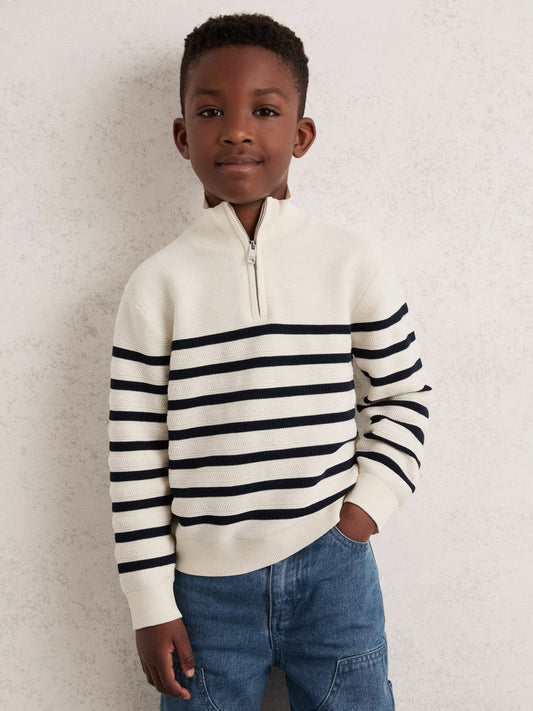 13-14 yrs Cotton-Blend Stripe Half-Zip Jumper White | Children