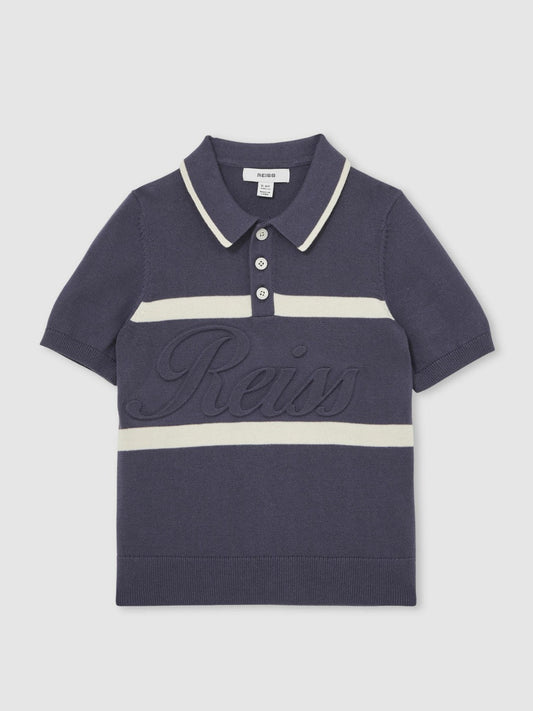 13-14 yrs Cotton Logo-Embossed Knit Polo Shirt Indigo Blue/White | Children