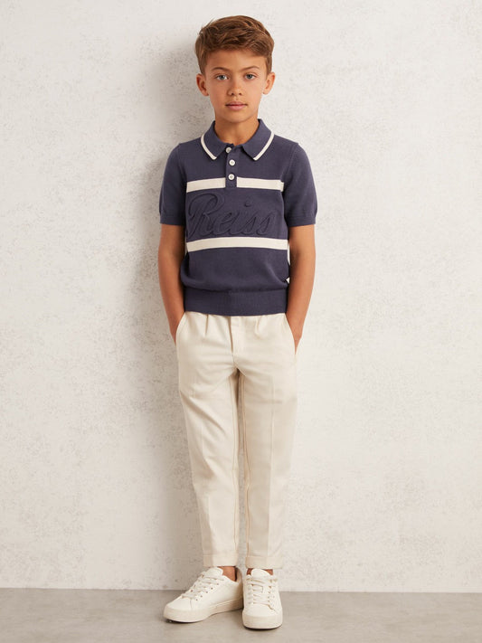 13-14 yrs Cotton Logo-Embossed Knit Polo Shirt Indigo Blue/White | Children