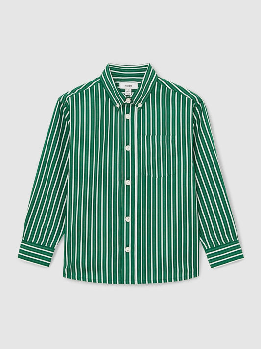 13-14 yrs Cotton-Poplin Striped Oversize Shirt Green/White | Children