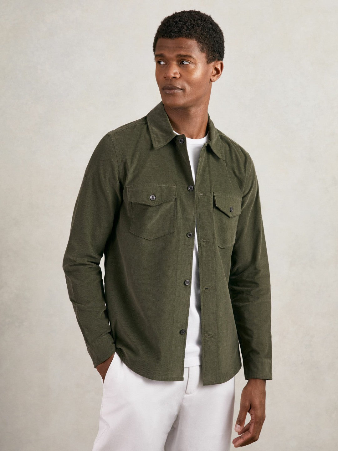 Cotton Corduroy Twin-Pocket Overshirt Khaki Green | Mens