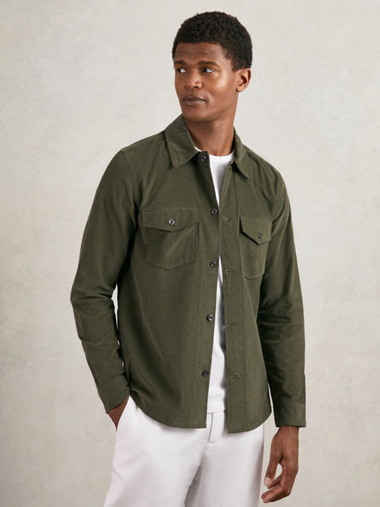 Cotton Corduroy Twin-Pocket Overshirt Khaki Green | Mens