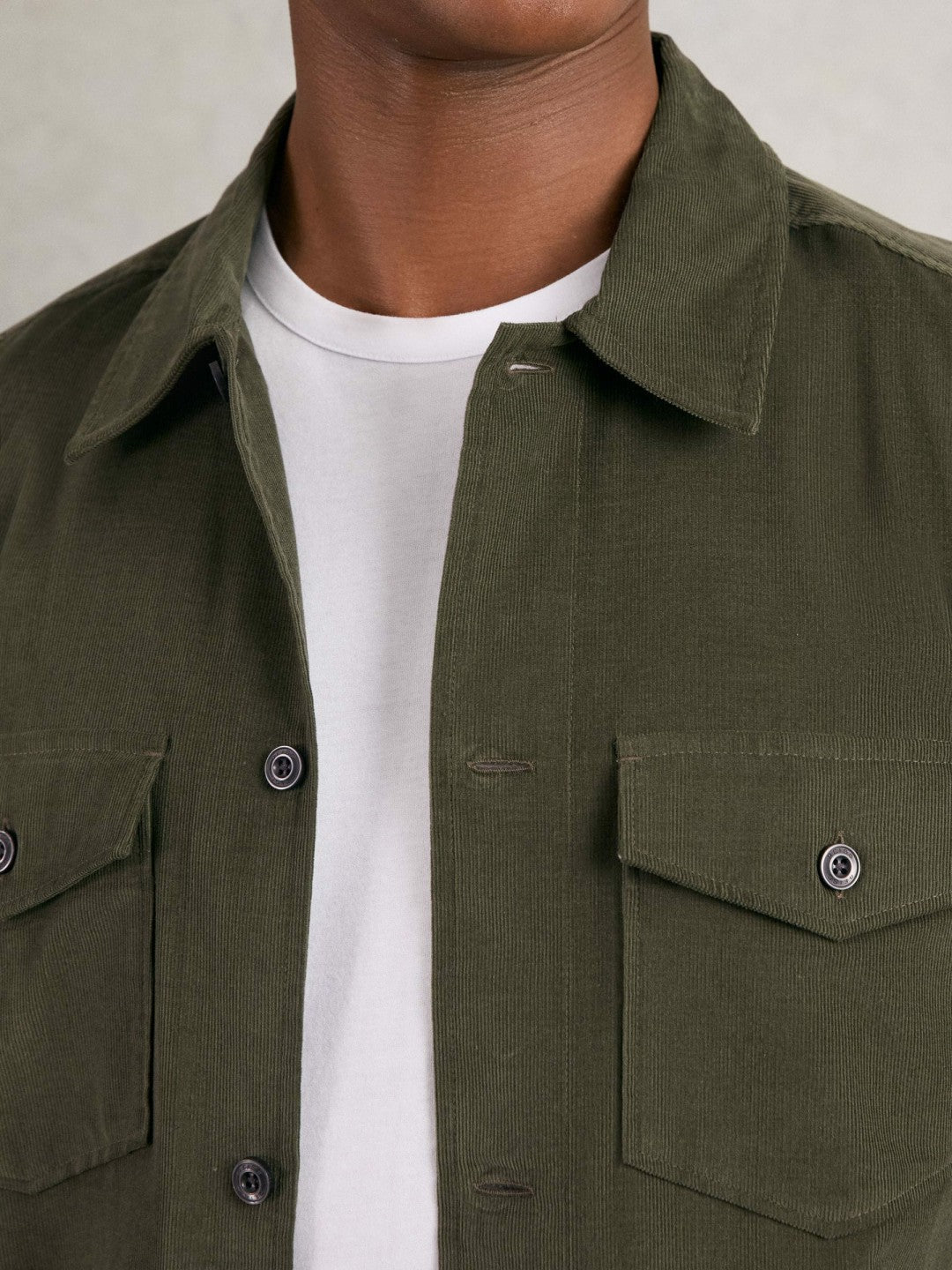 Cotton Corduroy Twin-Pocket Overshirt Khaki Green | Mens