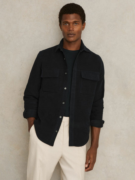 Moleskin-Cotton Twin-Pocket Overshirt Navy | Mens