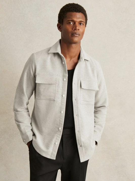 Moleskin-Cotton Twin-Pocket Overshirt Soft Grey Melange | Mens