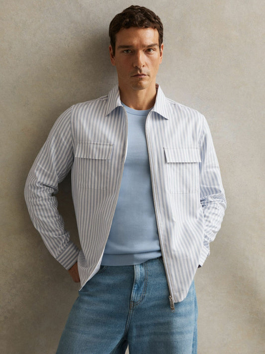 Cotton Stripe Zip-Through Shirt White/Soft Blue | Mens