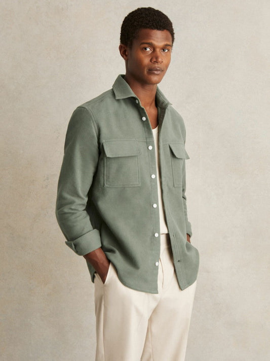 Moleskin-Cotton Twin-Pocket Overshirt Green | Mens