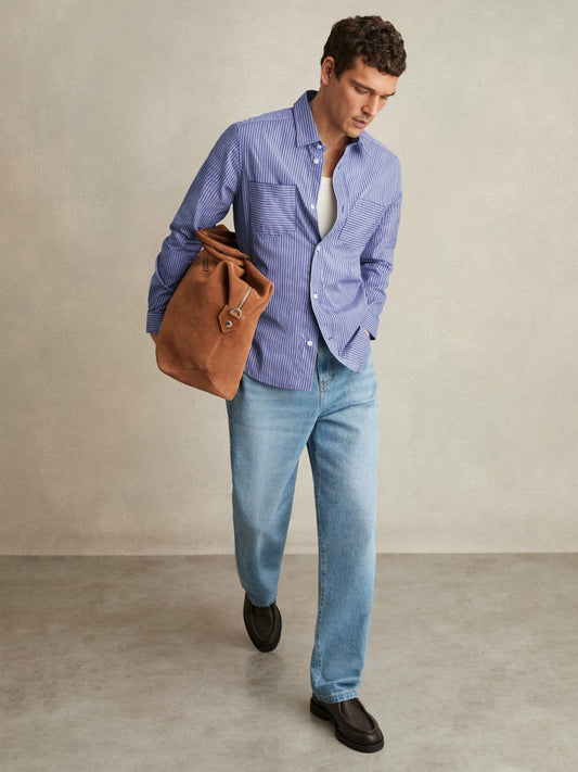 Cotton-Poplin Stripe Twin-Pocket Shirt Blue/White | Mens