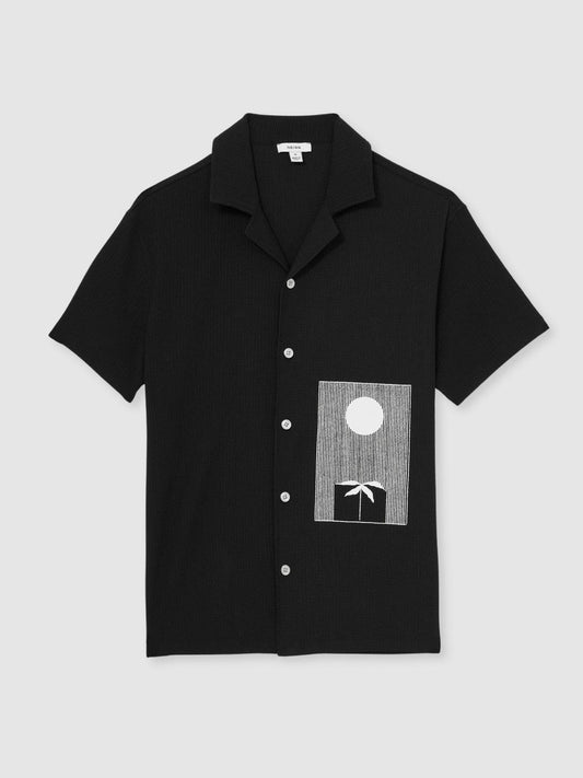 Graphic Print Cuban-Collar Shirt Black | Mens