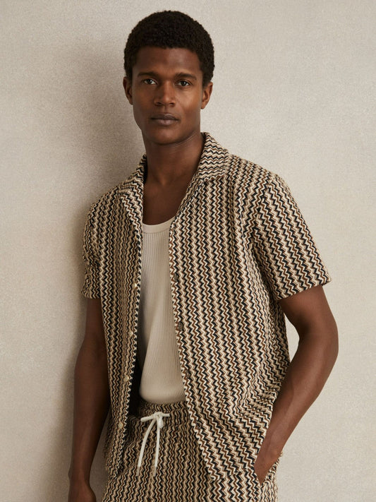 Zig-Zag Knit Cuban-Collar Shirt Tobacco Brown | Mens