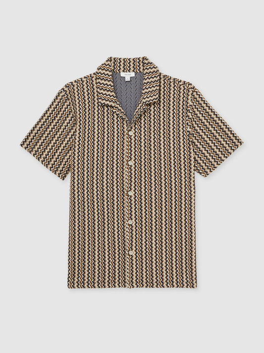 Zig-Zag Knit Cuban-Collar Shirt Tobacco Brown | Mens