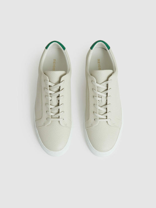 Tumbled-Leather Low-Top Trainers Off White/Green | Mens