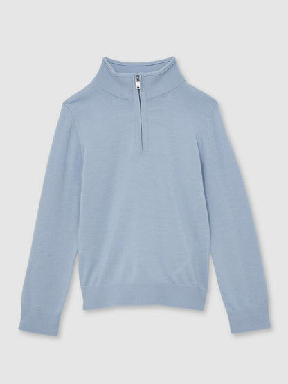13-14 yrs Merino Wool Half-Zip Funnel Neck Jumper Soft Blue Melange | Children