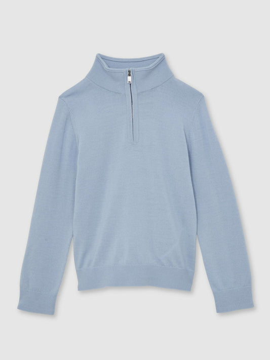 13-14 yrs Merino Wool Half-Zip Funnel Neck Jumper Soft Blue Melange | Children