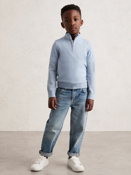 13-14 yrs Merino Wool Half-Zip Funnel Neck Jumper Soft Blue Melange | Children
