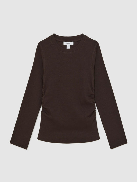 13-14 yrs Cotton Ruched Long-Sleeve T-Shirt with Stretch Chocolate | Children