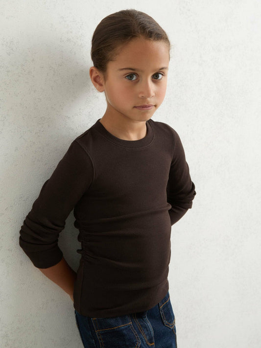 13-14 yrs Cotton Ruched Long-Sleeve T-Shirt with Stretch Chocolate | Children