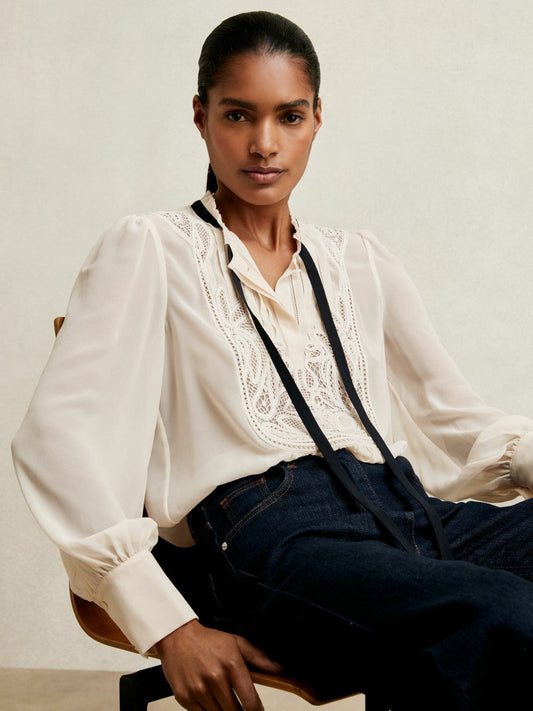 Lace-Embroidered Tie-Neck Shirt Cream | Womens