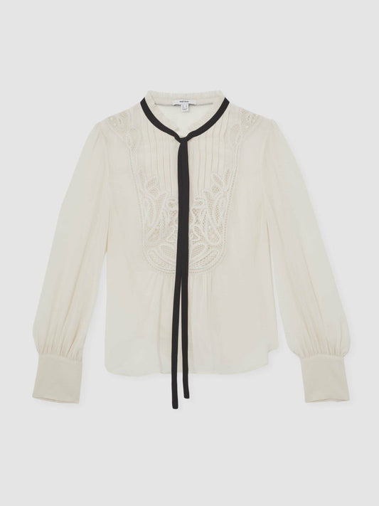 Lace-Embroidered Tie-Neck Shirt Cream | Womens