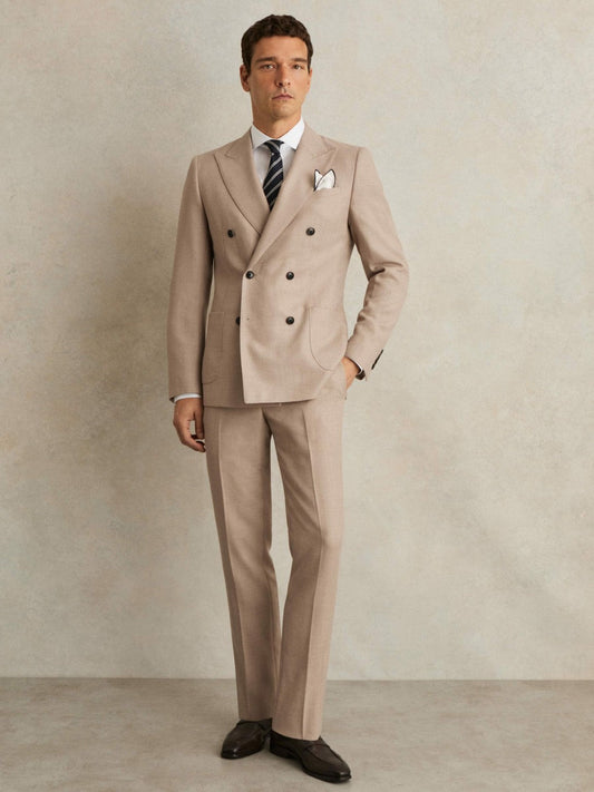 Slim-Fit Wool-Blend Double-Breasted Suit Blazer Oatmeal Brown | Mens