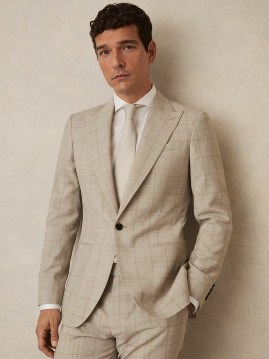 Slim-Fit Single-Breasted Wool Check Suit Blazer Oatmeal Brown | Mens