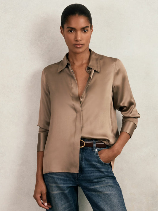 Silk-Satin Concealed-Placket Shirt Taupe Brown | Womens