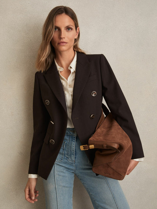 Wool-Blend Double-Breasted Blazer Chocolate Brown | Womens