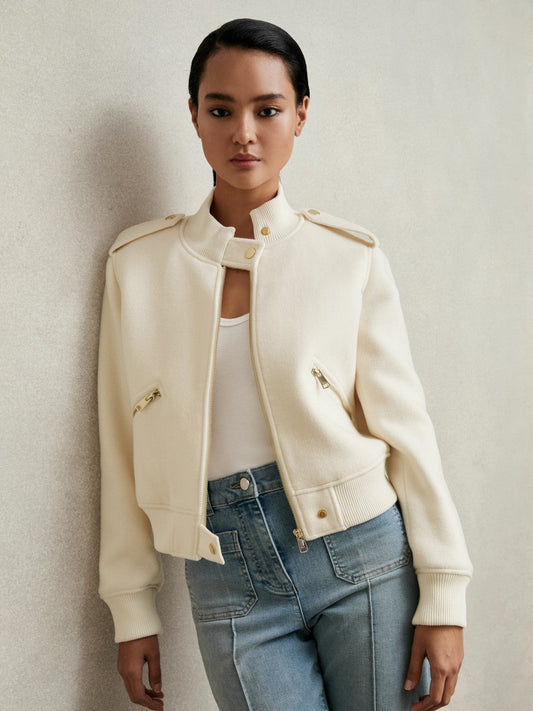 Brushed Wool Epaulette Bomber Jacket Cream | Womens