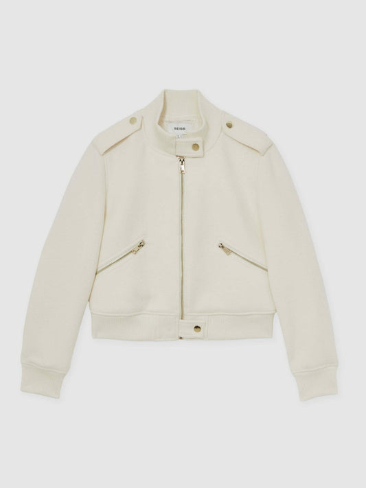 Brushed Wool Epaulette Bomber Jacket Cream | Womens