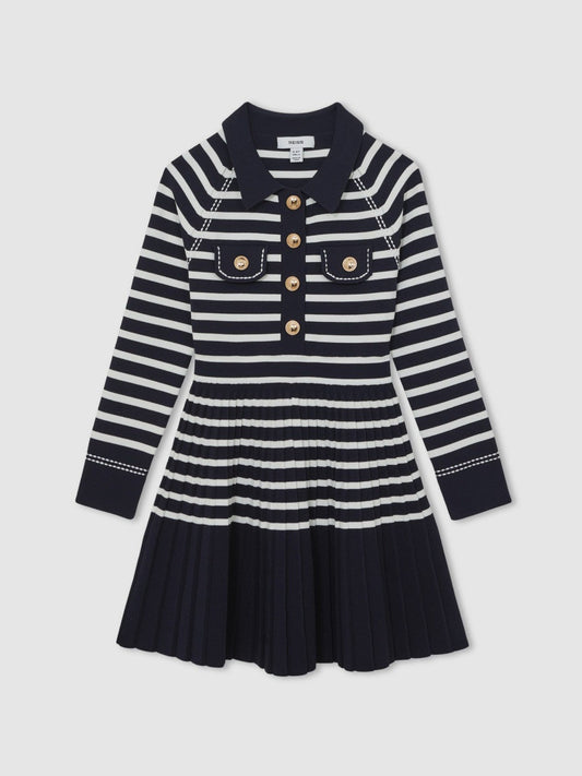 13-14 yrs Button-Detail Stripe Knitted Dress Navy/White | Children