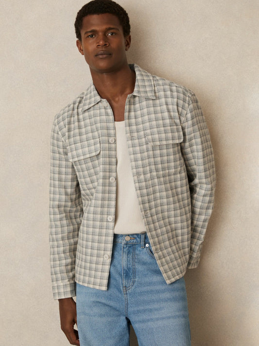 Woven Check Twin Pocket Overshirt Light Grey | Mens